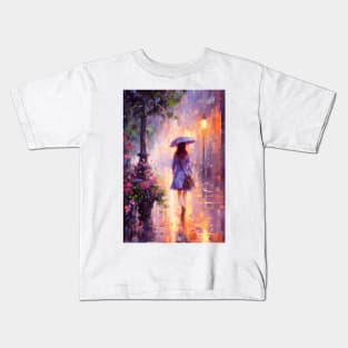 A woman with an umbrella walks along the evening street in the rain. Kids T-Shirt